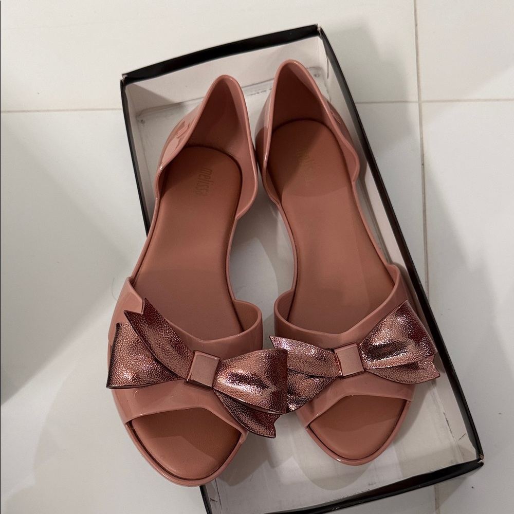 Melissa Pink D'Orsay Flats with Metallic Bow Accent - Women
